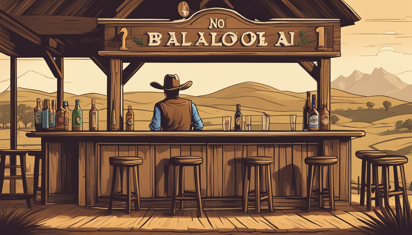 A rustic Texas bar with a "no alcohol under 21" sign, surrounded by rolling hills and a lone cowboy on horseback