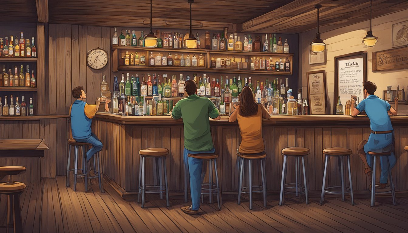 A rustic bar with a sign displaying Texas Alcoholic Beverage Laws. Patrons sit at tables, sipping drinks while a bartender serves behind the counter