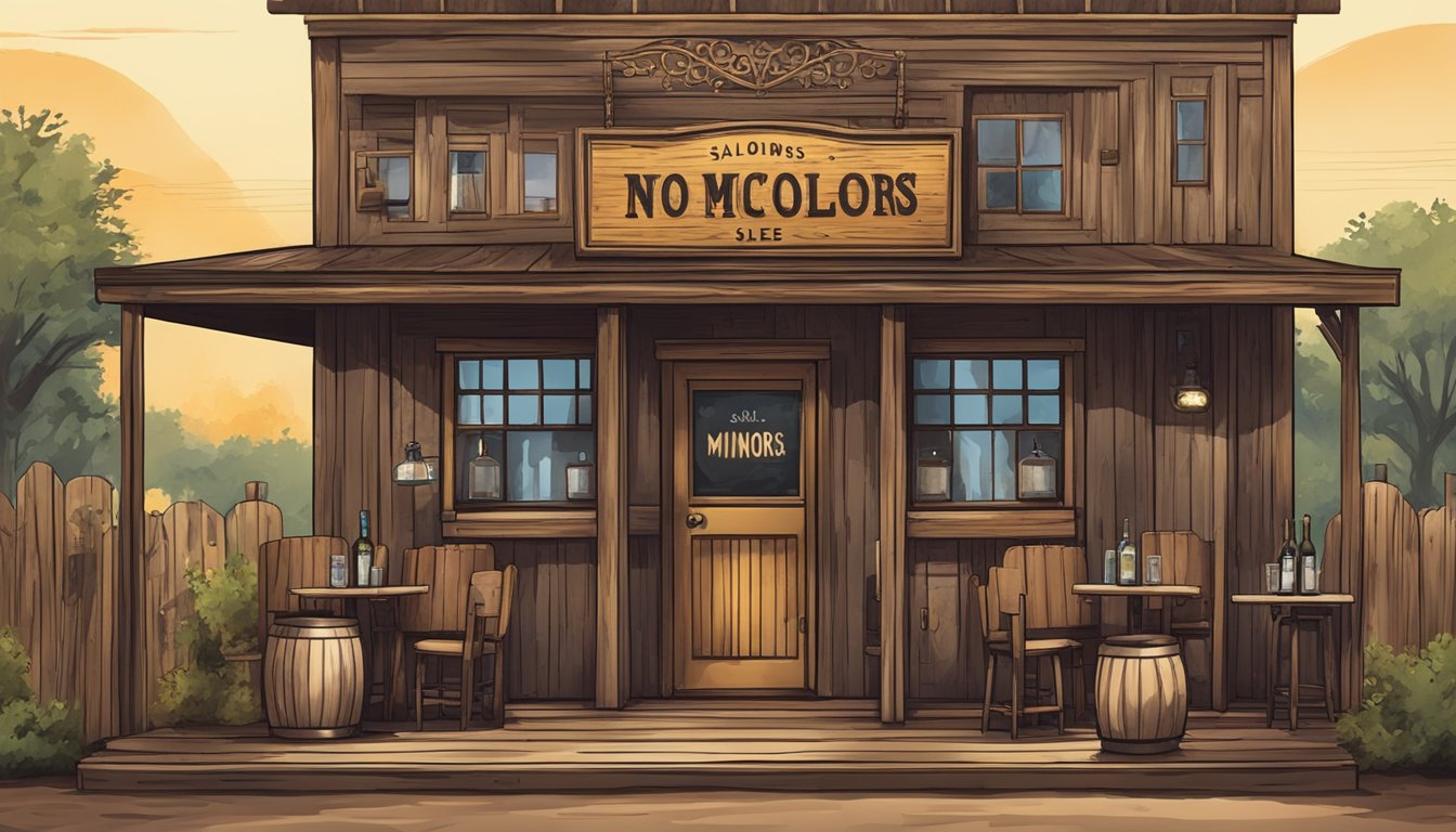 A rustic Texas saloon with a "No Alcohol Sales to Minors" sign displayed prominently