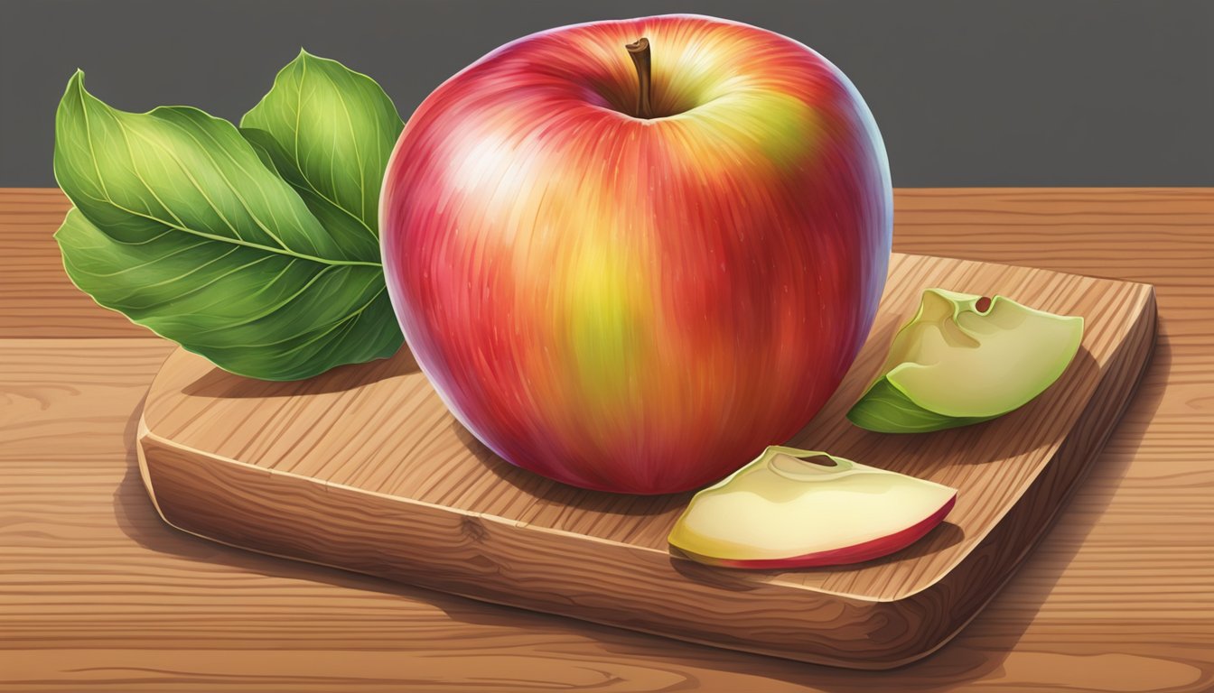 A ripe gala apple sits on a wooden cutting board, with a sweet aroma and bright, even coloring. A bite reveals a crisp, juicy texture and a balance of sweetness and tartness