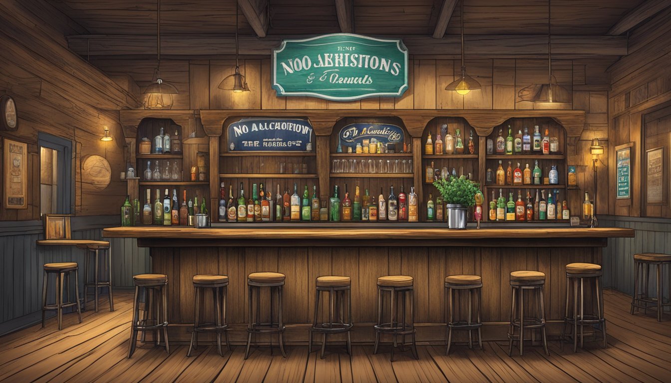 A rustic bar in La Salle County, Texas, with a prominent "No Alcohol Consumption" sign displayed prominently