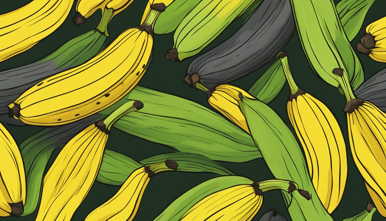 A bunch of plantains, varying in color from green to yellow, with some showing black spots