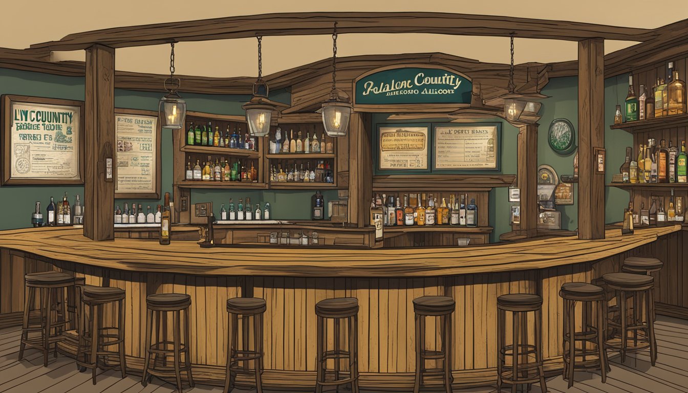 A rustic bar with "Lynn County Alcohol Regulations" sign displayed prominently