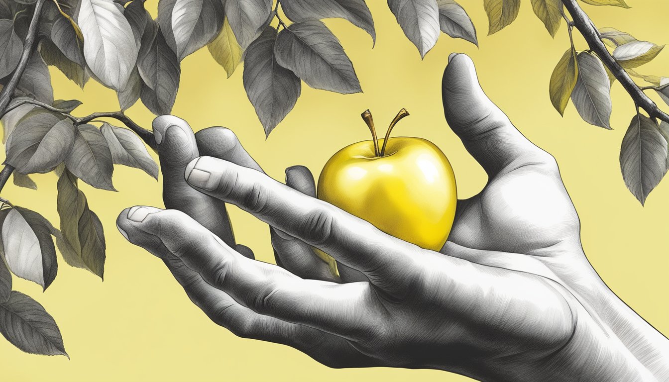 A hand reaching for a golden delicious apple on a tree, checking for firmness and a bright yellow color