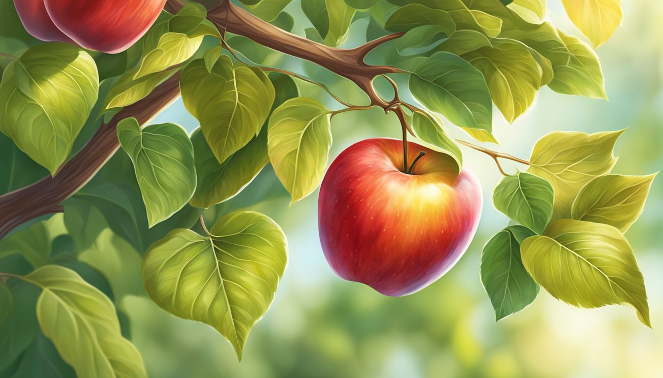 A bright red gala apple hanging from a tree branch, surrounded by green leaves and bathed in warm sunlight