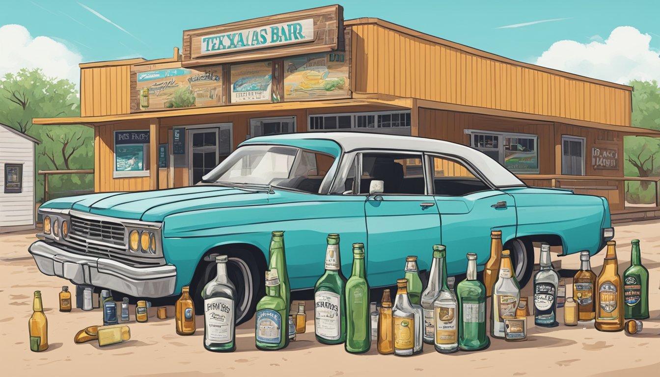 A car parked outside a Texas bar with empty alcohol bottles on the ground