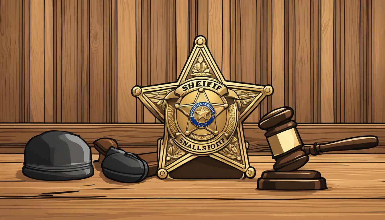 A sheriff's badge and a gavel on a wooden desk in a courtroom