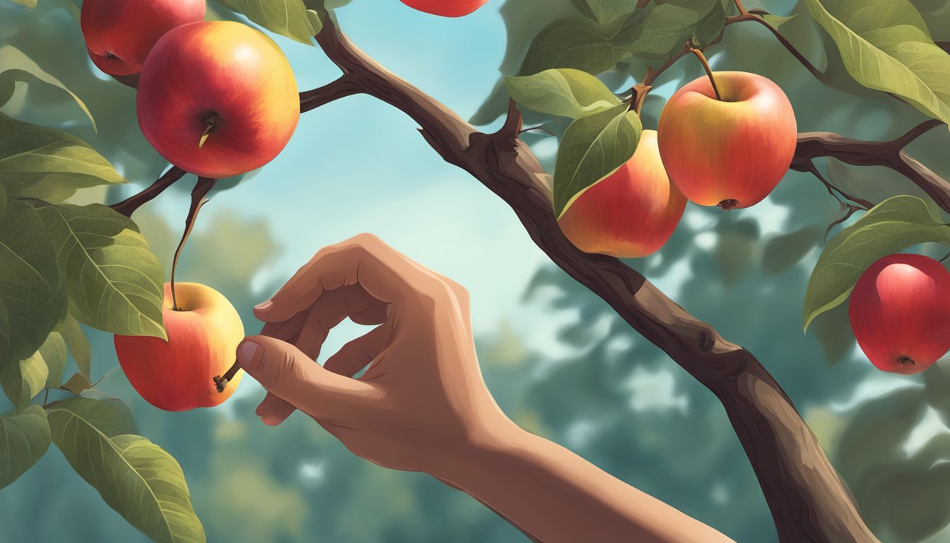 A hand reaching for a bright red gala apple on a tree branch, with a few fallen apples on the ground below