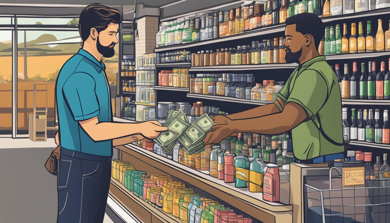 A person handing over money to a cashier in exchange for a bottle of alcohol at a store in Limestone County, Texas