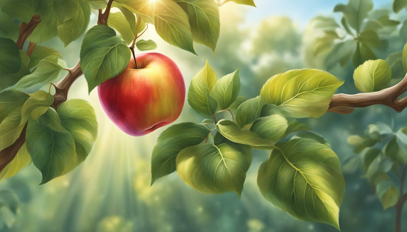 A bright red gala apple hangs from a tree branch, surrounded by leaves and bathed in sunlight. Its skin is smooth and free of bruises or blemishes