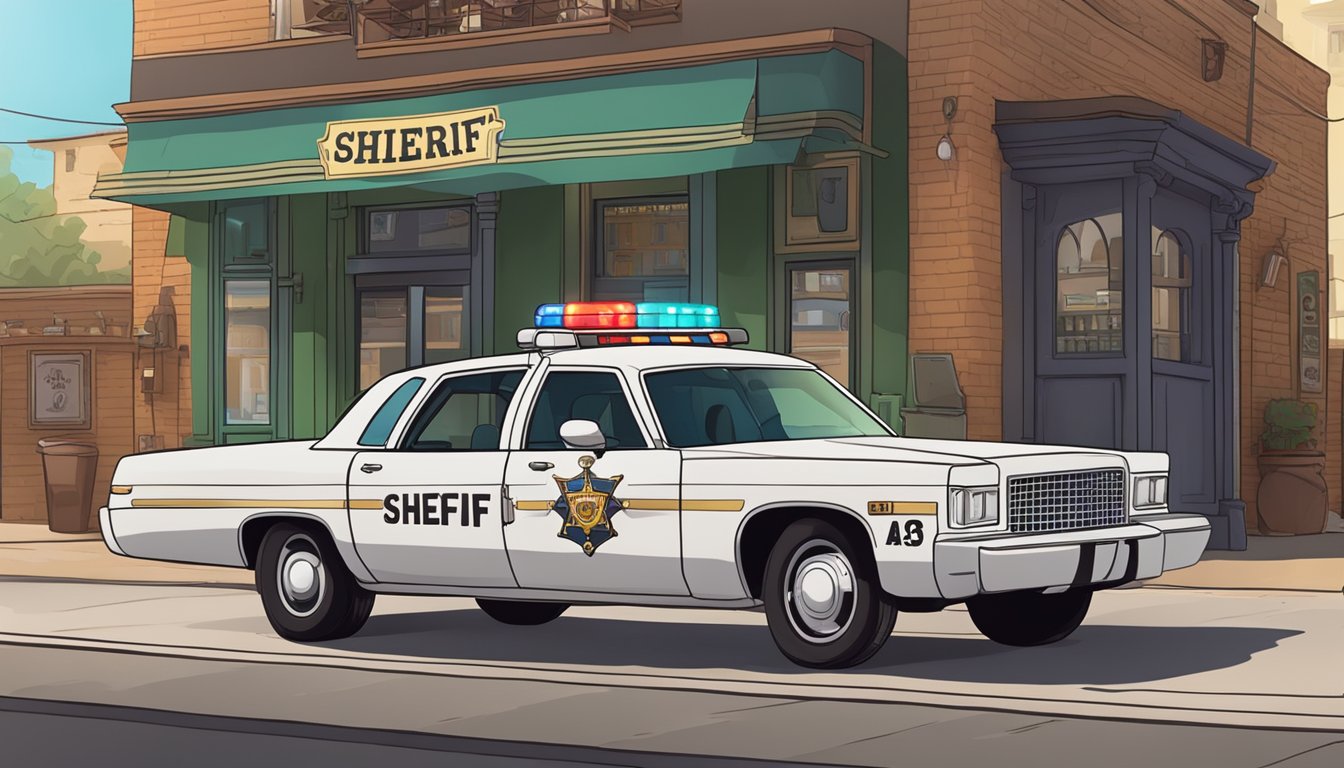 A sheriff's car parked outside a bar, with a sign displaying alcohol laws