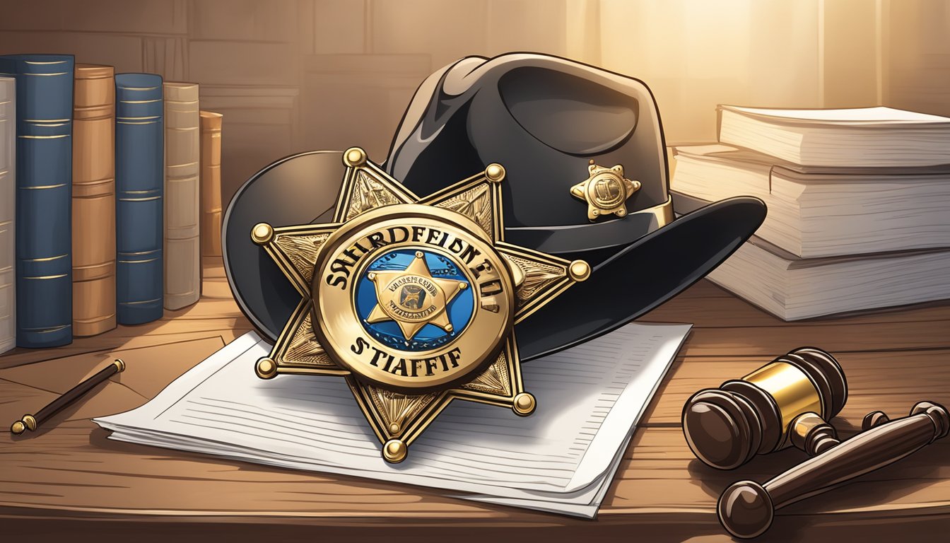 A sheriff's badge on a wooden desk, surrounded by legal documents and a gavel