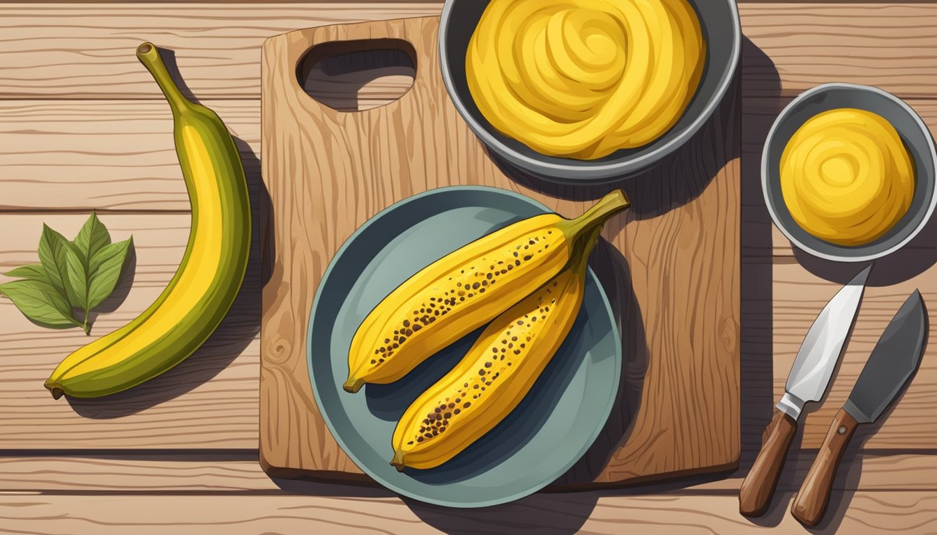 A ripe plantain with yellow skin and brown spots sits on a wooden cutting board next to a knife and a bowl of ingredients