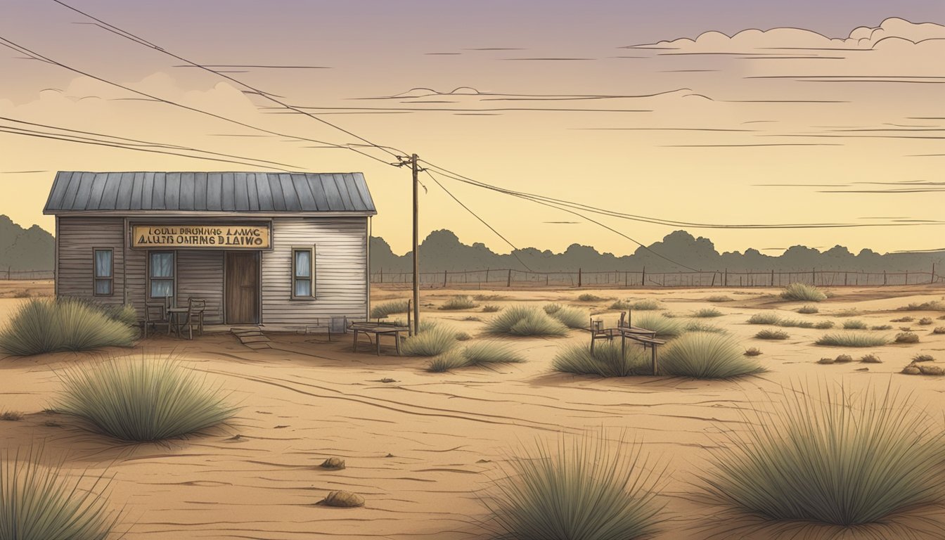 A dry, dusty landscape in Lynn County, Texas, with a sign depicting alcohol and drinking laws for the season