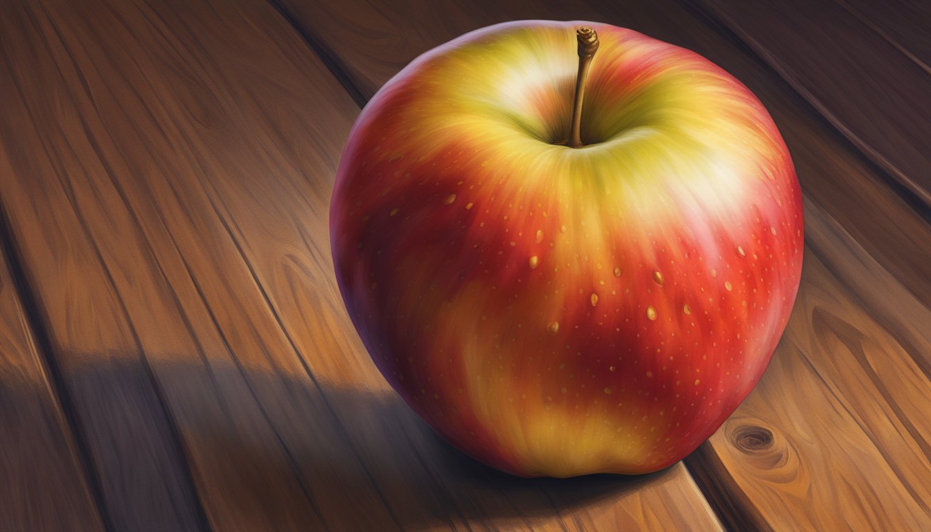 A ripe Honeycrisp apple sits on a wooden surface, its vibrant red and yellow skin showcasing a firm texture and a subtle sheen. A few small specks and blemishes are visible, indicating its readiness for consumption