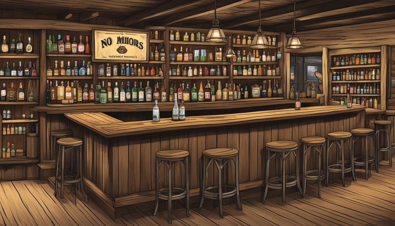 A rustic bar with a "No Minors" sign, shelves of liquor bottles, and patrons enjoying drinks