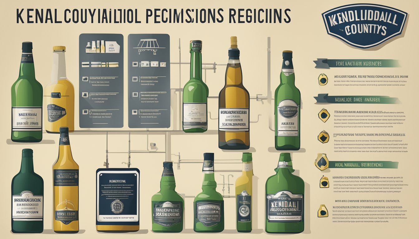 A sign displaying Kendall County alcohol regulations with symbols indicating restrictions and permissions for drinking in public areas