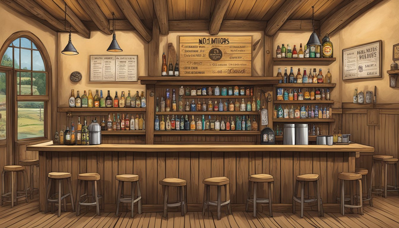 A rustic bar in Llano County, Texas, with a "No Minors" sign and a menu of local craft beers and spirits displayed on the wall