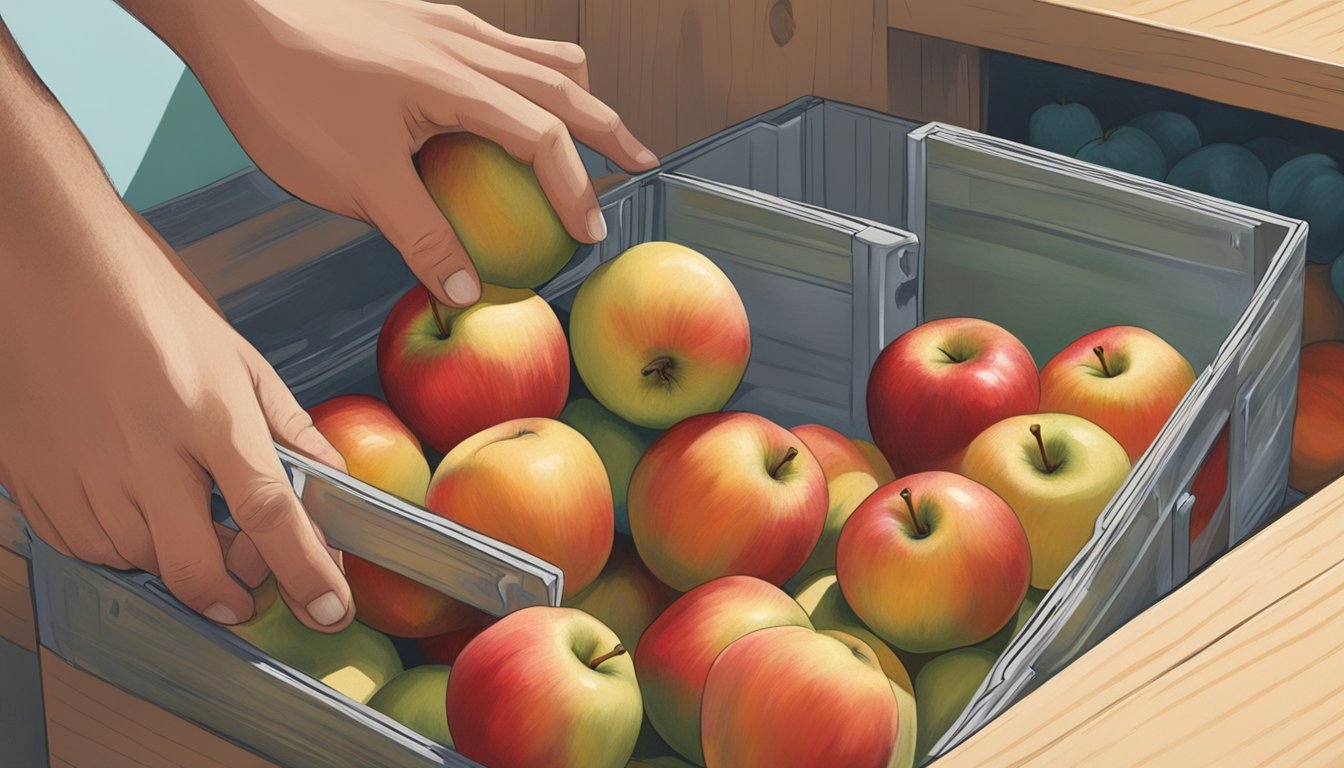 A hand reaches for a Honeycrisp apple, examining its color and firmness. Nearby, a storage container is filled with more ripe apples