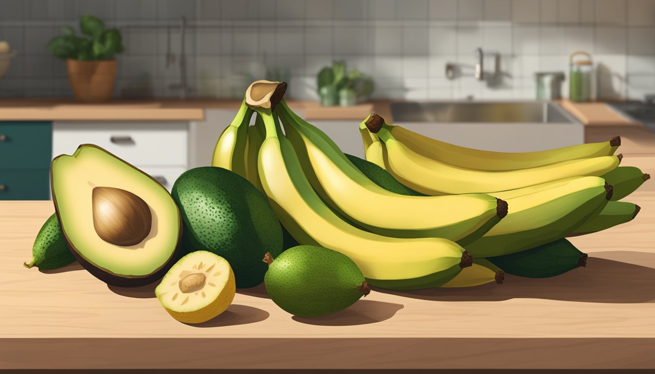 A bunch of burro bananas, some green and others yellow with brown spots, sitting on a kitchen counter next to a ripe avocado