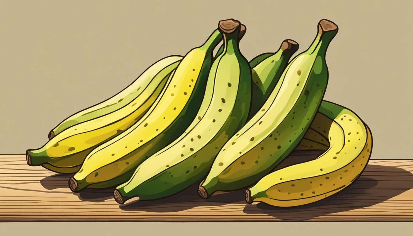 A bunch of lady finger bananas at different stages of ripeness, from green to yellow with brown spots, sitting on a wooden surface