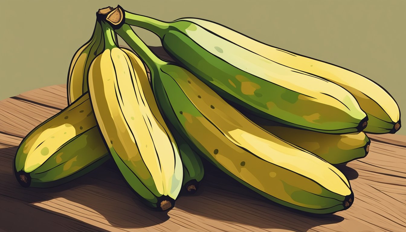 A bunch of burro bananas, some green and some yellow, with a few brown spots, sitting on a wooden table