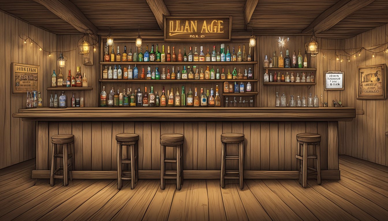 A rustic bar in Llano County, Texas, with a sign displaying the legal drinking age and various alcohol laws