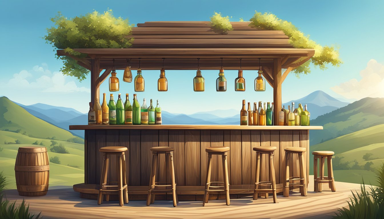 A rustic bar with wooden stools and shelves lined with bottles, surrounded by rolling hills and a clear blue sky