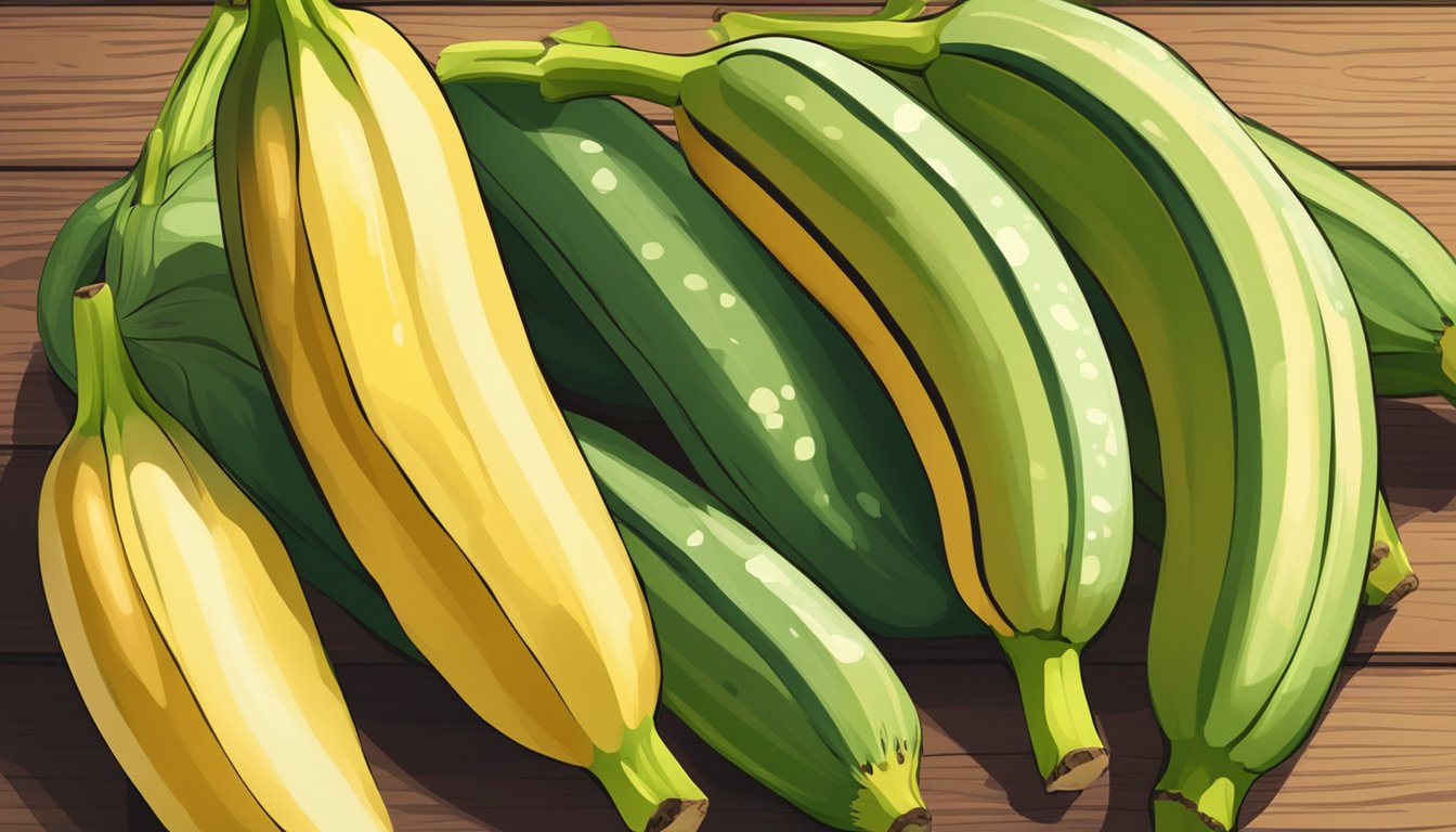 A bunch of lady finger bananas, some green and some yellow, with a few brown spots, sitting on a wooden table