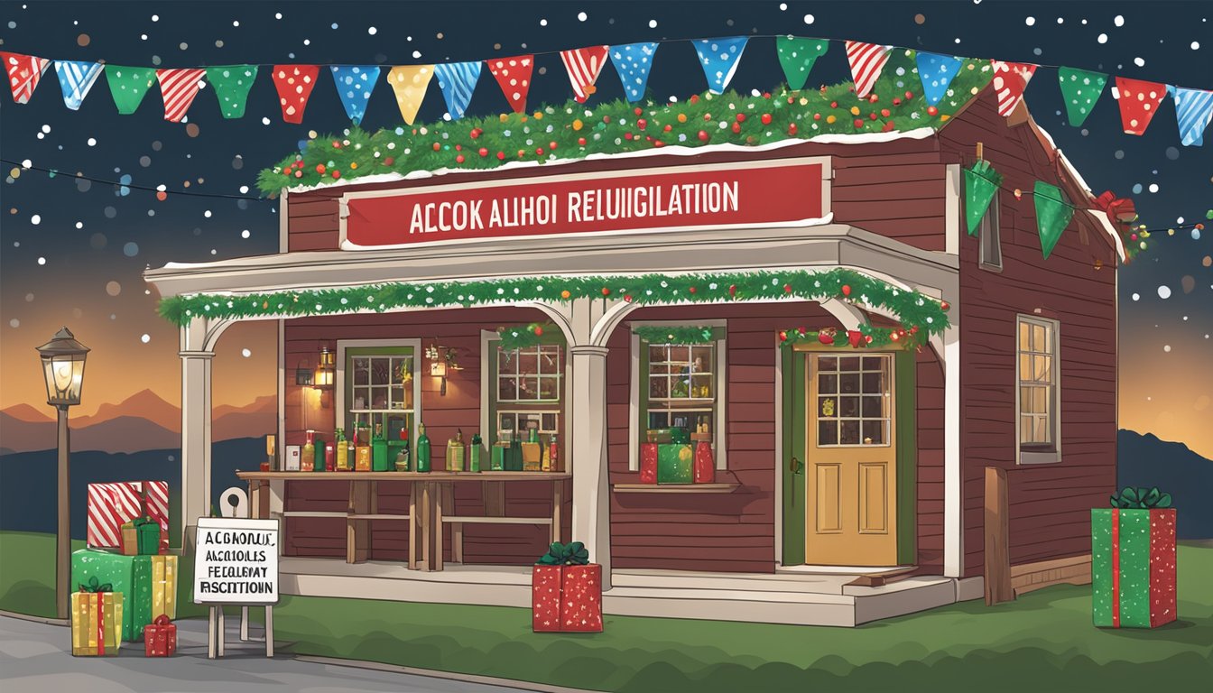 A festive holiday scene with a sign displaying alcohol regulations in Kendall County, Texas