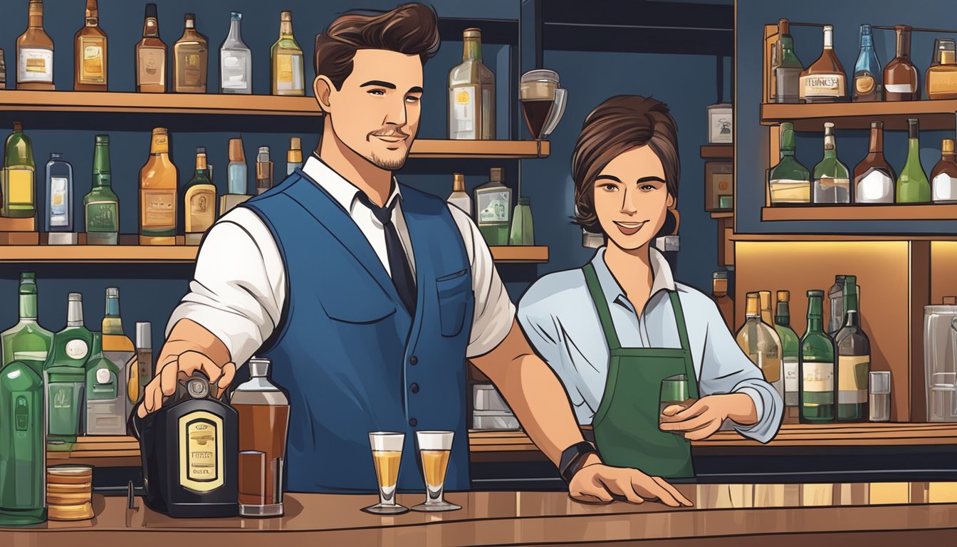 A bartender pouring a drink while checking a customer's ID