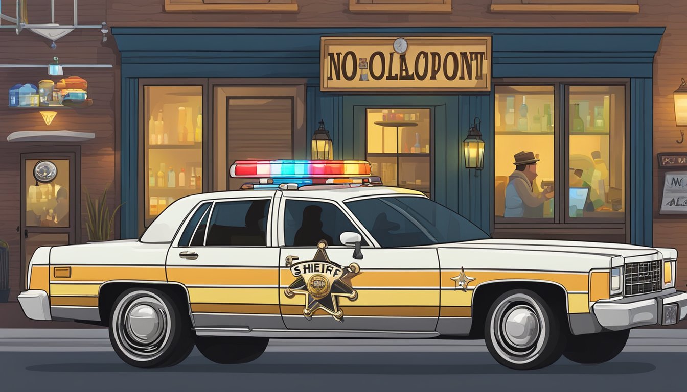 A sheriff's car parked outside a bar with a "No Alcohol Beyond This Point" sign. Patrons inside with drinks