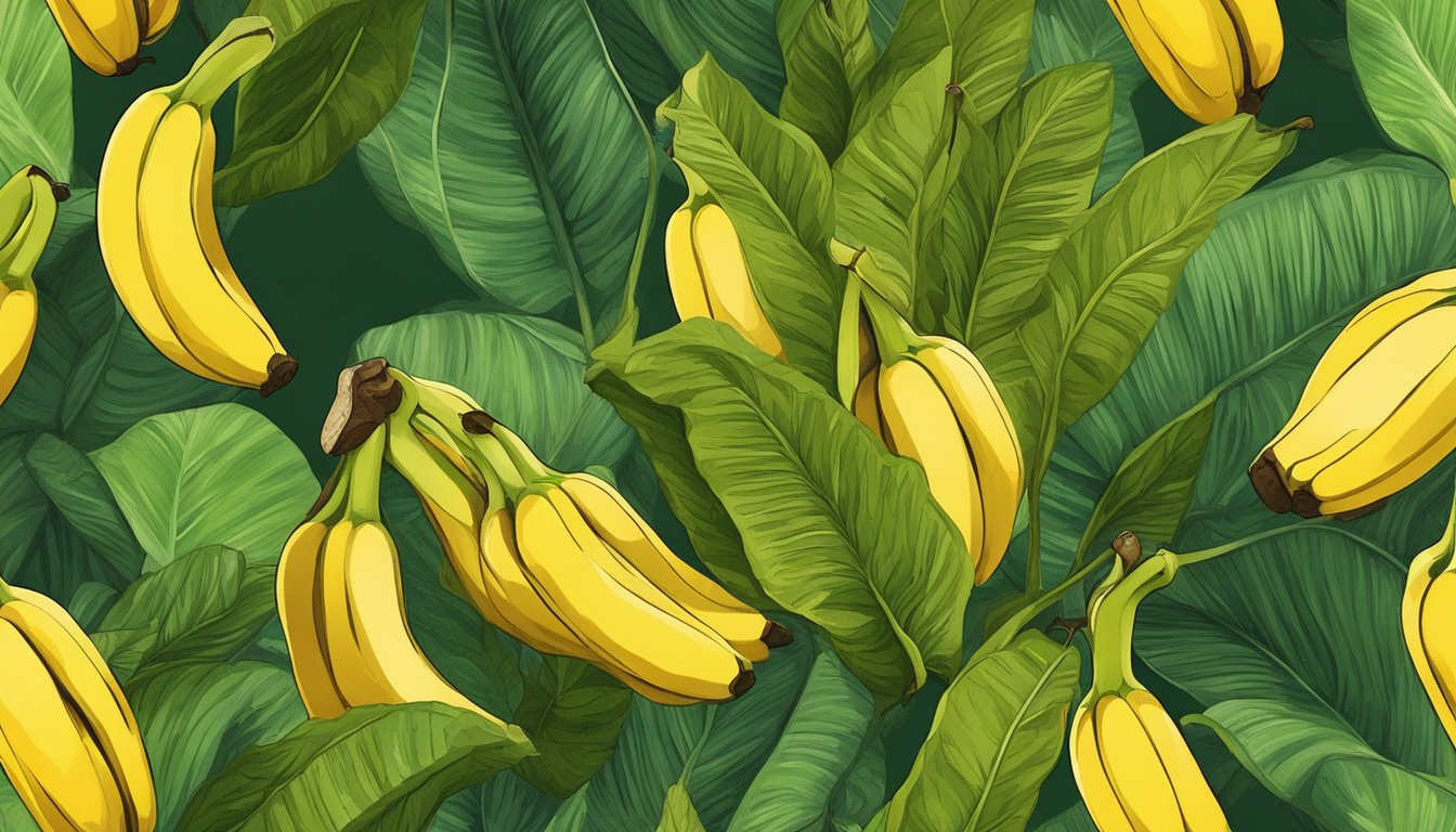 A bunch of burro bananas hanging from a tree, some yellow with brown spots, others still green, surrounded by lush green leaves