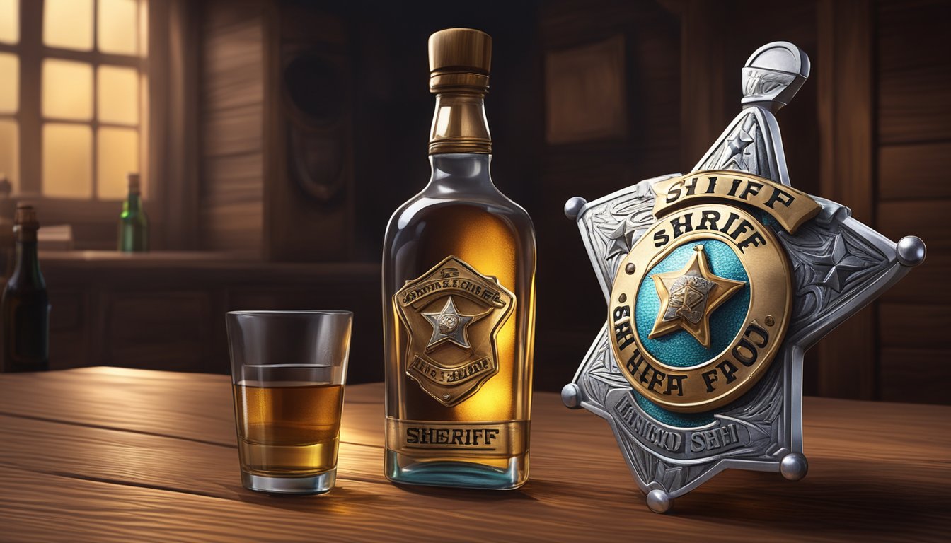 A sheriff's badge and a bottle of alcohol on a wooden table in a dimly lit room