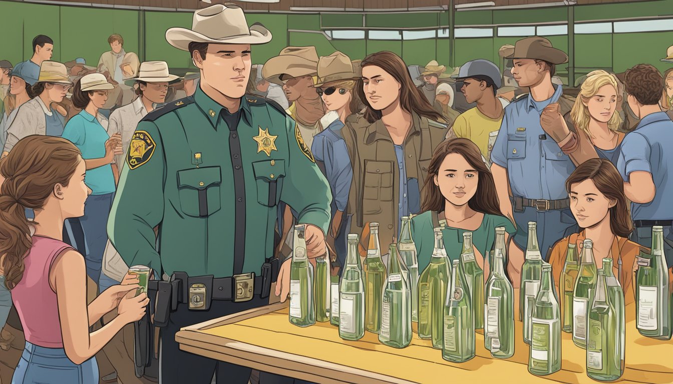 A sheriff's deputy confiscating alcohol bottles from a group of young adults at a county fair