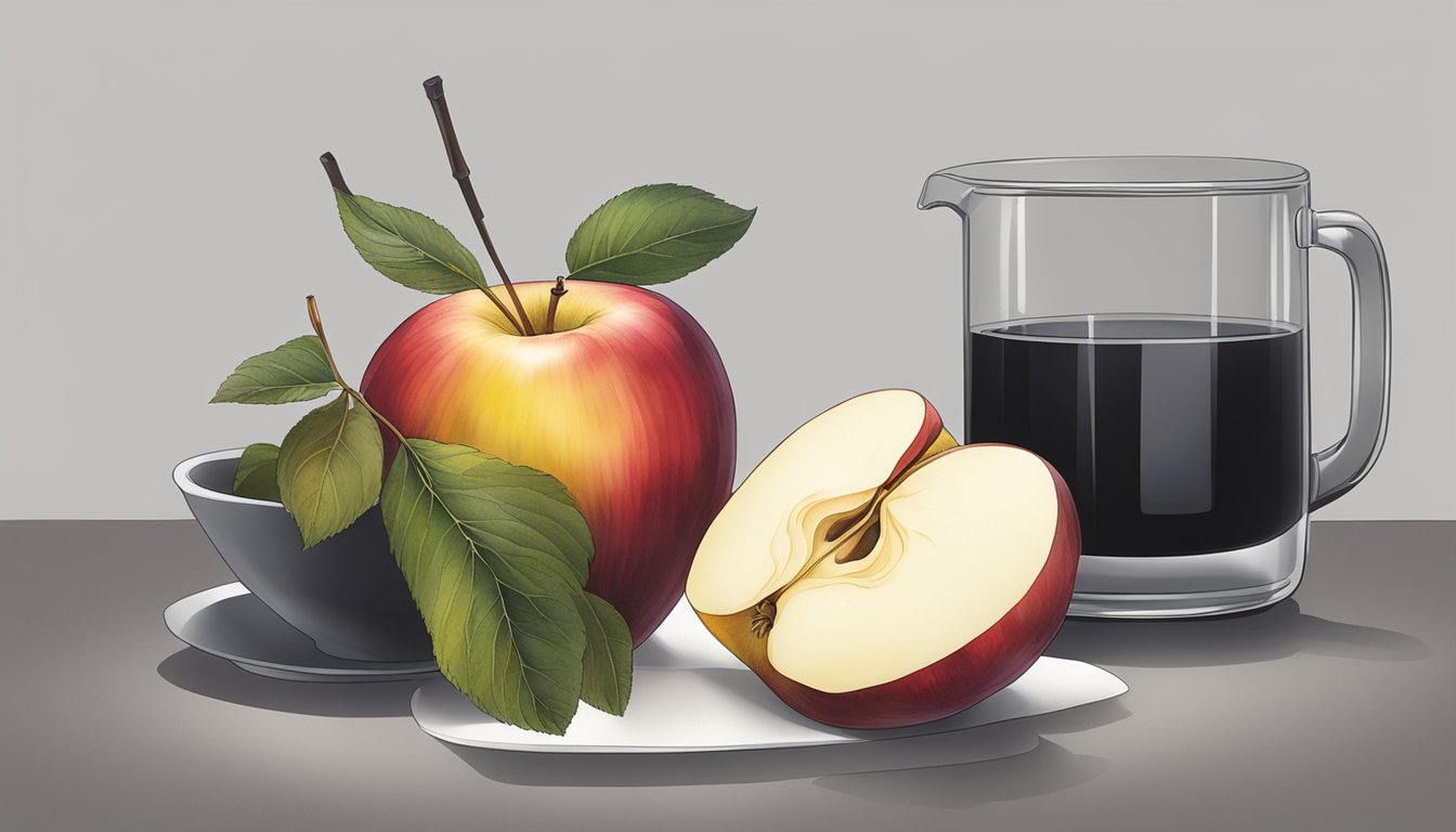 A fuji apple being tested with iodine solution, turning black to indicate ripeness