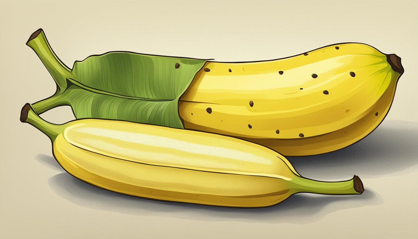 A ripe Cavendish banana on a kitchen counter, yellow with small brown spots, the peel slightly soft to the touch