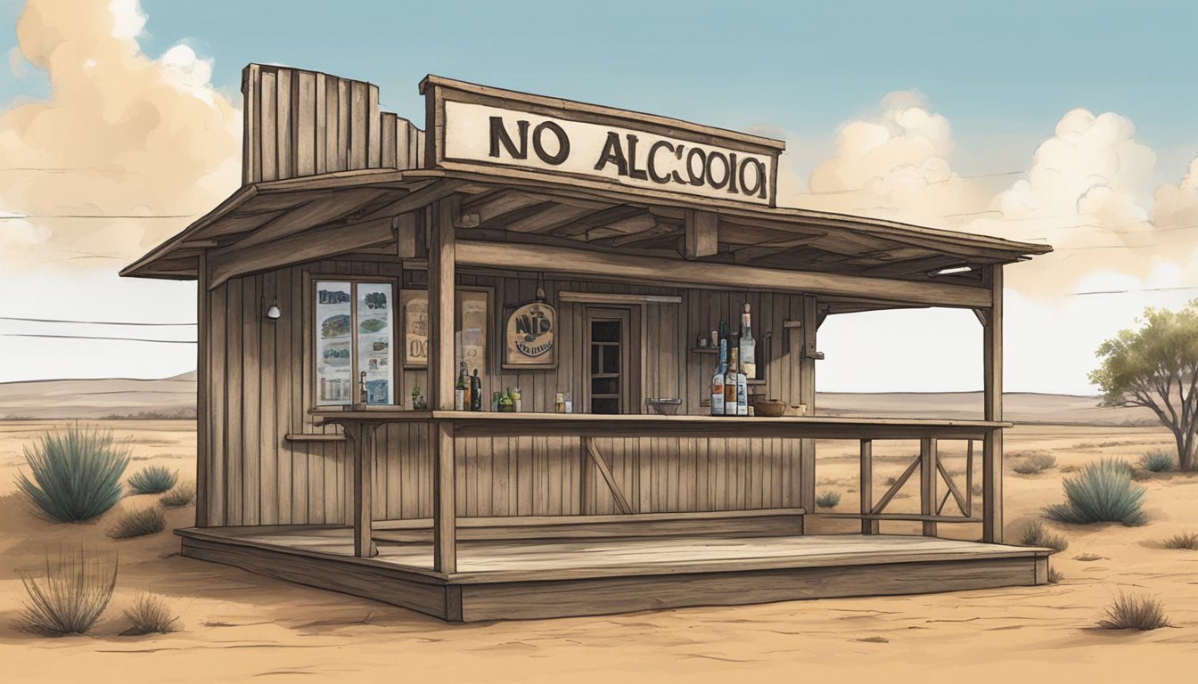 A rustic bar with a "No Alcohol Sales" sign in front, surrounded by dry, dusty landscape in Jones County, Texas