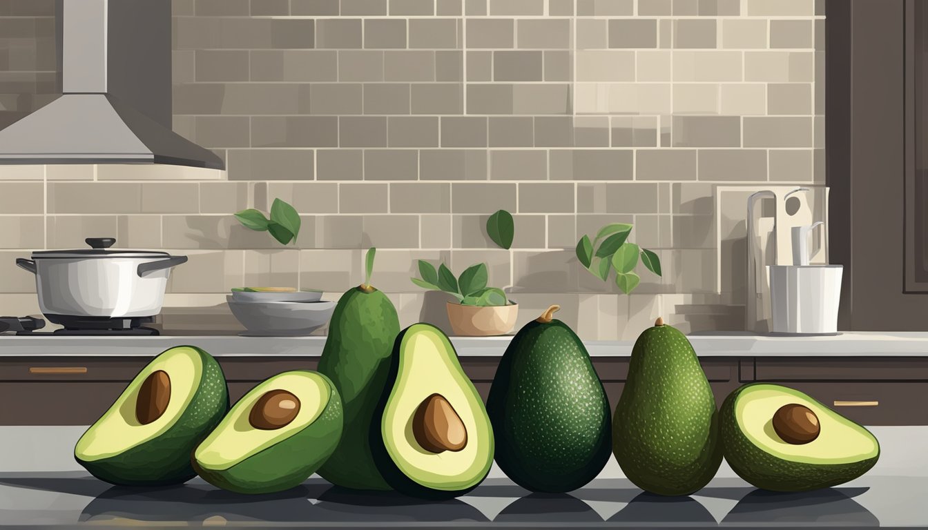 A row of avocados on a kitchen counter, some green and firm, others dark and soft to the touch