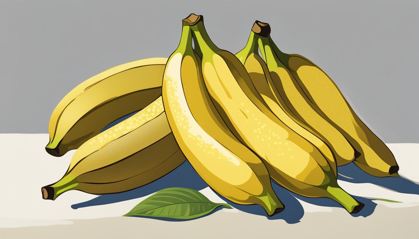 A bunch of ripe Cavendish bananas, some with yellow peels and brown spots, sitting on a kitchen counter