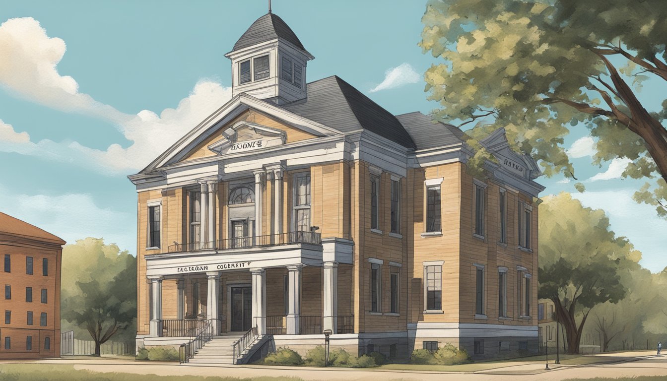 A rustic county courthouse with a sign displaying "Jones County Alcohol and Drinking Laws" prominently posted outside