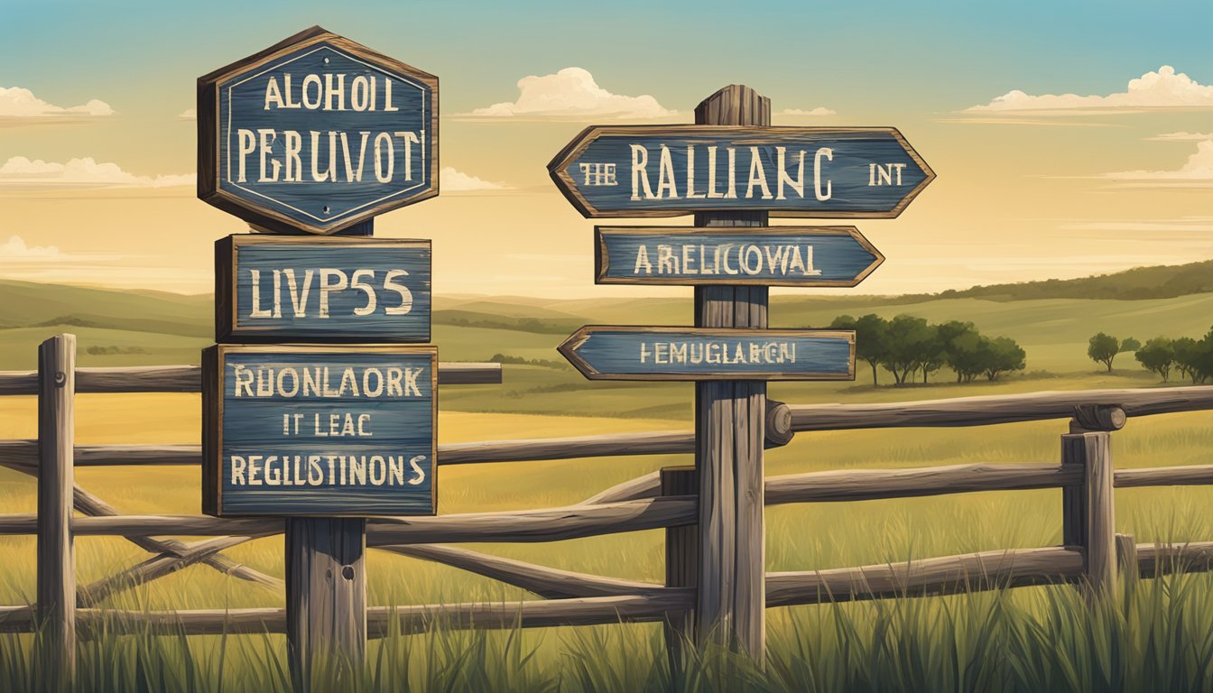 A rustic wooden sign displaying the legal framework for alcohol regulation in Lipscomb County, Texas, surrounded by rolling plains and a clear blue sky