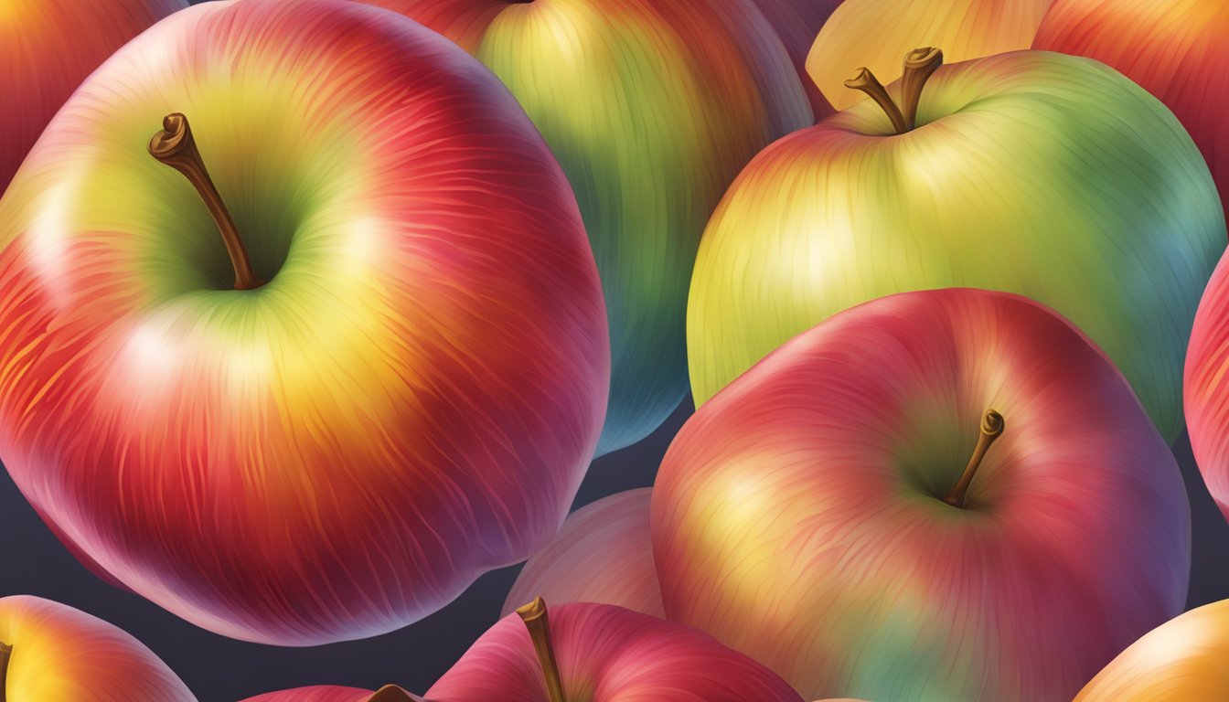 A close-up of a ripe Fuji apple with vibrant red and yellow skin, a firm texture, and a sweet aroma