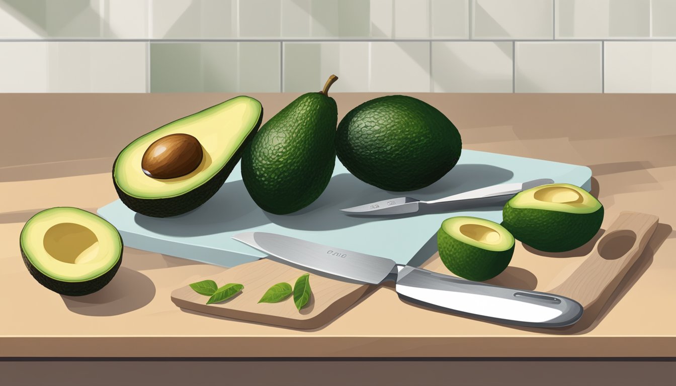 A ripe avocado sitting on a kitchen counter, surrounded by a knife, cutting board, and a spoon