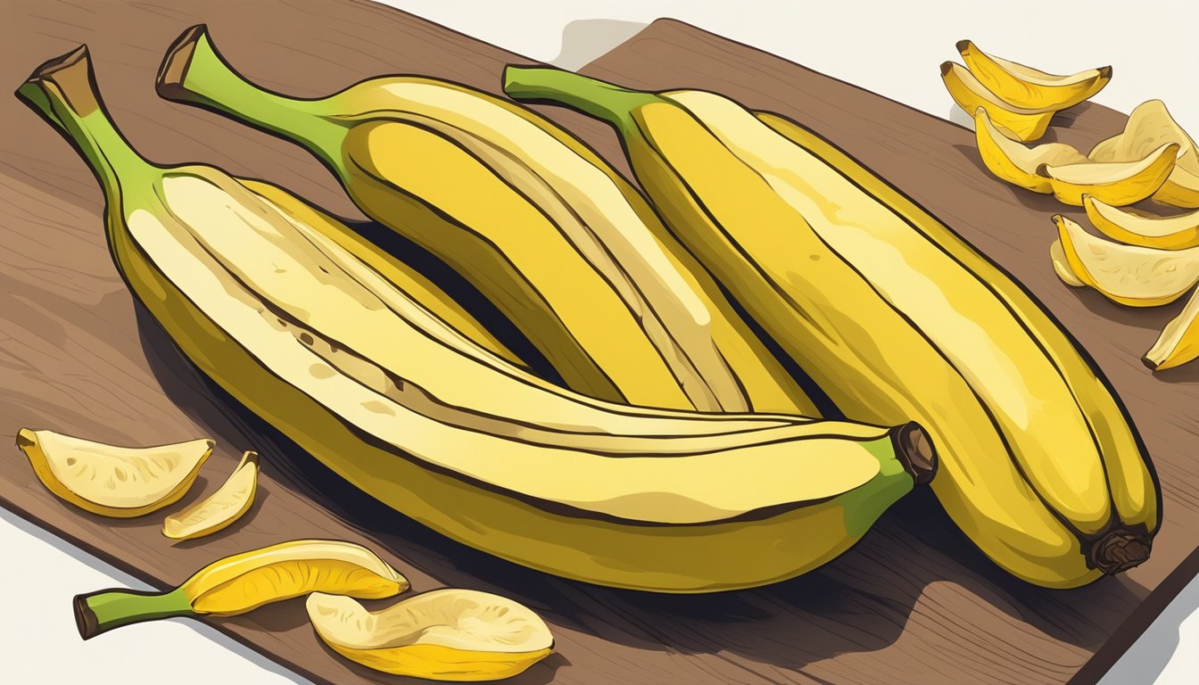 A bunch of ripe Cavendish bananas, with vibrant yellow peels and a few brown spots, sitting on a kitchen counter