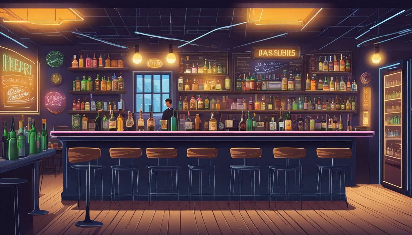 A bustling bar with neon signs, shelves of liquor, and patrons enjoying drinks. A restaurant with a chalkboard menu advertising beer and wine. A convenience store with a display of alcohol behind the counter