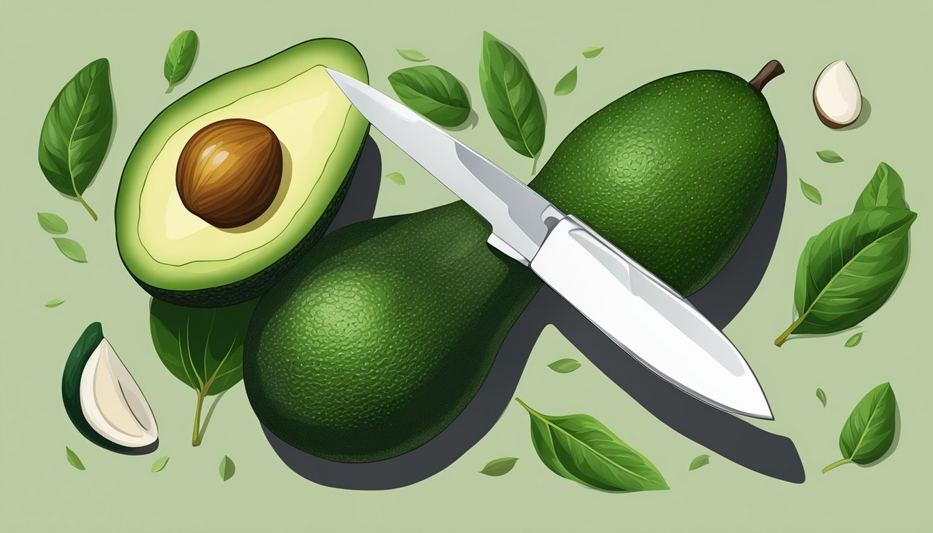 A ripe avocado next to a halved avocado with a seed, surrounded by green leaves and a knife