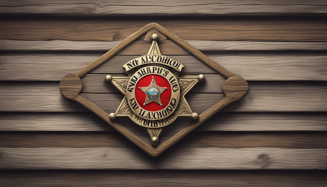 A sheriff's badge pinned to a weathered wooden signpost, with a red "no alcohol" symbol painted on it