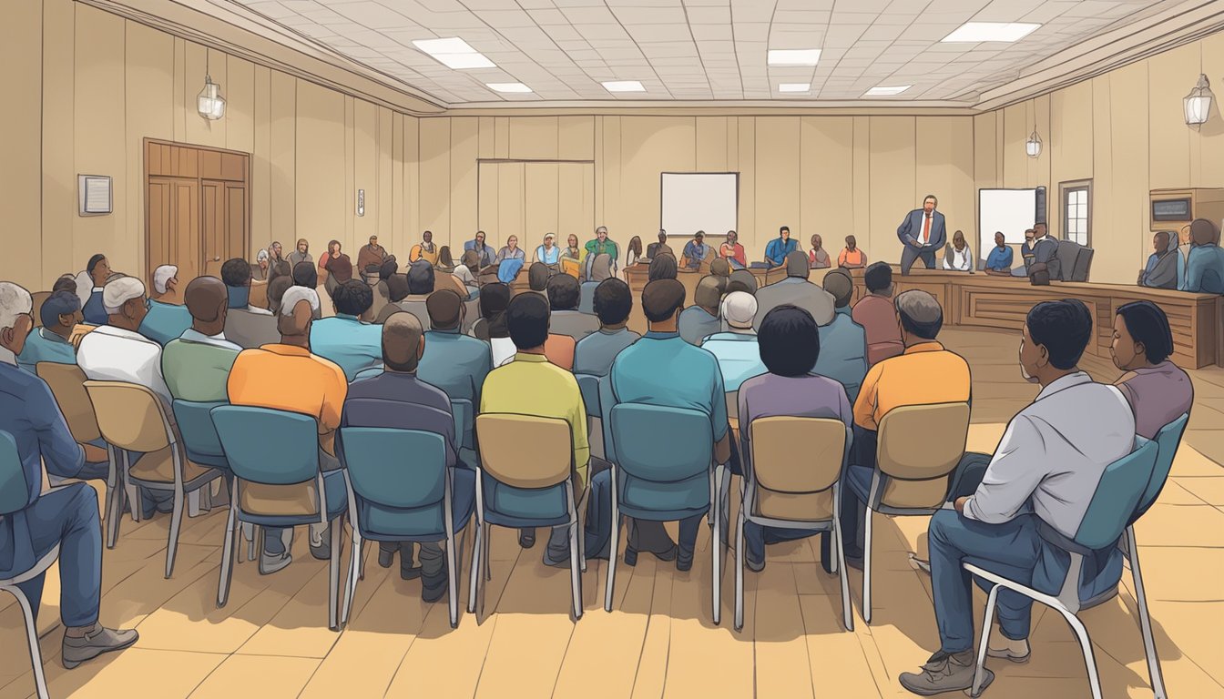 A group of people gather at a town hall meeting to discuss and debate the impact of alcohol and drinking laws on public safety in Lamar County, Texas