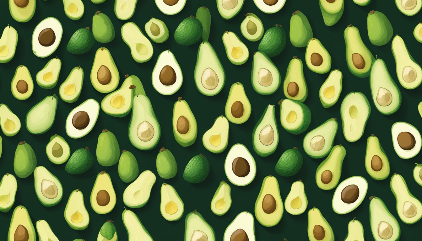 A group of avocados, including Zutano and other varieties, arranged in a row. Some are ripe, while others are still green and unripe